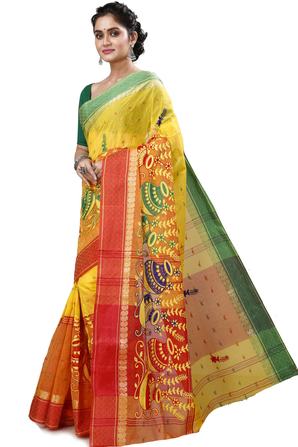 Yellow Red Pure Cotton Embi_Ganga_Buti Tant Embroidery (1001)